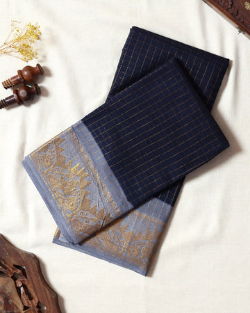 Navy Blue Checked Sungudi Cotton Saree with Slate Grey Contrast and Antique Gold Zari Woven Floral Border