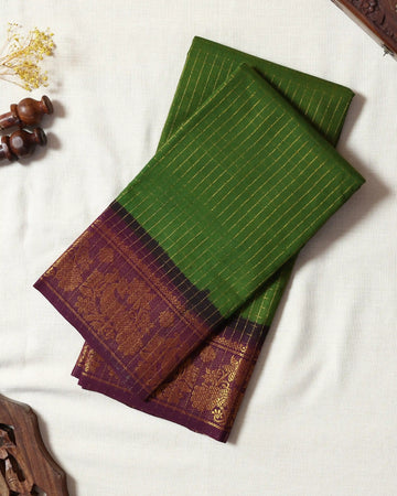 Olive Green Sungudi Cotton Saree with Wine Maroon Contrast and Antique Gold Zari Woven Peacock Floral Border