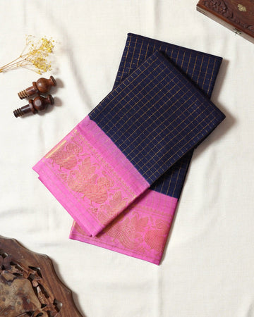 Navy Blue Checked Sungudi Cotton Saree with Light Pink Contrast and Antique Gold Zari Woven Peacock Floral Border