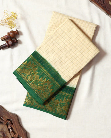 Cream Checked Sungudi Cotton Saree with Emerald Green Contrast and Antique Gold Zari Woven Peacock Border