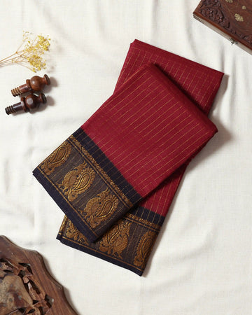 Crimson Red Checked Sungudi Cotton Saree with Navy Blue Contrast and Antique Gold Zari Woven Paisley Border