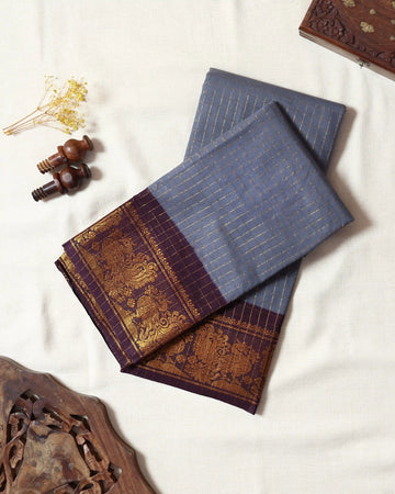 Slate Grey Sungudi Cotton Saree with Wine Maroon Contrast and Antique Gold Zari Woven Peacock Floral Border