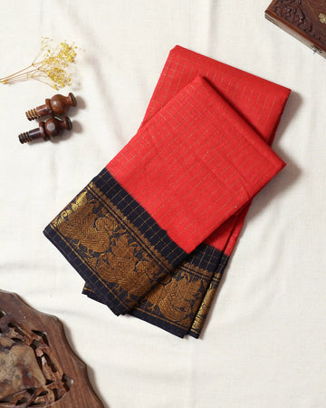 Coral Red Checked Sungudi Cotton Saree with Navy Blue Contrast and Antique Gold Zari Woven Peacock Border
