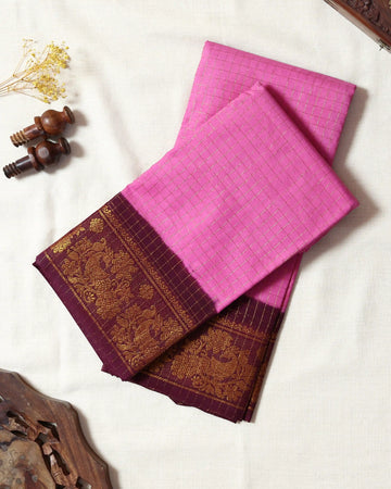 Light Pink Checked Sungudi Cotton Saree with Wine Maroon Contrast and Antique Gold Zari Woven Peacock Floral Border