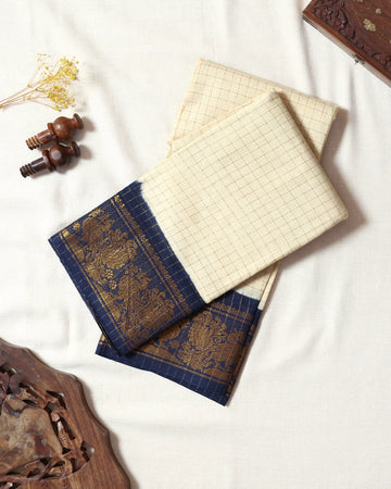 Cream Checked Sungudi Cotton Saree with Navy Blue Contrast and Antique Gold Zari Woven Peacock Floral Border