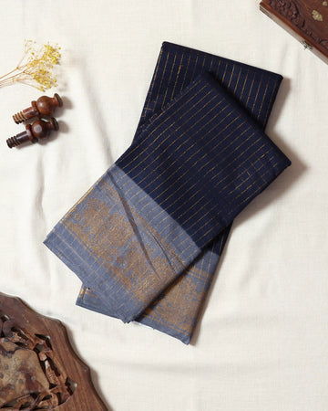 Navy Blue Sungudi Cotton Saree with Slate Grey Contrast and Antique Gold Zari Woven Peacock Floral Border