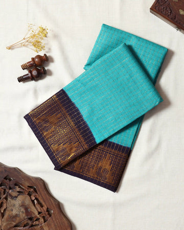 Turquoise Blue Checked Sungudi Cotton Saree with Navy Blue Contrast and Antique Gold Zari Woven Geometric Floral Border