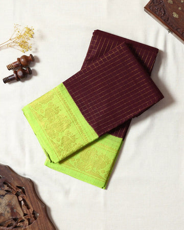 Deep Wine Maroon Checked Sungudi Cotton Saree with Lime Green Contrast and Gold Zari Woven Peacock Floral Border