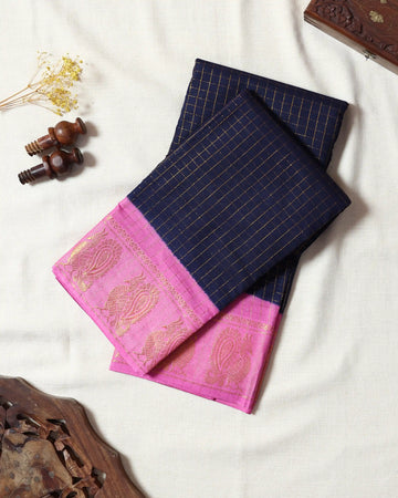 Navy Blue Checked Sungudi Cotton Saree with Light Pink Contrast and Antique Gold Zari Woven Paisley Border