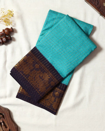 Turquoise Blue Checked Sungudi Cotton Saree with Navy Blue Contrast and Antique Gold Zari Woven Peacock Floral Border