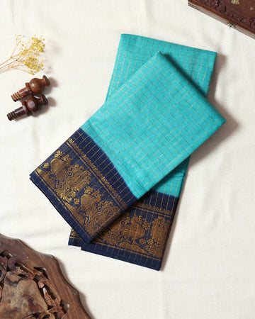 Turquoise Blue Sungudi Cotton Saree with Navy Blue Contrast and Antique Gold Zari Woven Peacock Floral Border