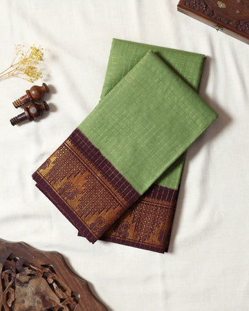 Light Sage Green Checked Sungudi Cotton Saree with Wine Maroon Contrast and Antique Gold Zari Woven Geometric Floral Border