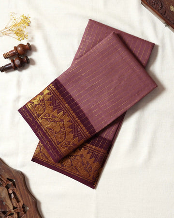 Dusty Mauve Pink Sungudi Cotton Saree with Wine Maroon Contrast and Antique Gold Zari Woven Peacock Border