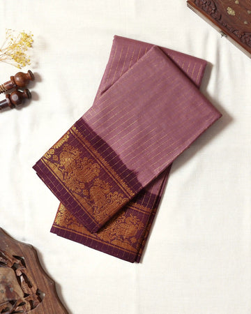 Dusty Mauve Pink Sungudi Cotton Saree with Wine Maroon Contrast and Antique Gold Zari Woven Peacock Floral Border