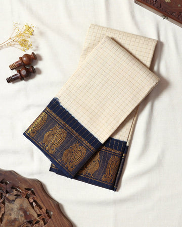 Cream Checked Sungudi Cotton Saree with Navy Blue Contrast and Antique Gold Zari Woven Paisley Border