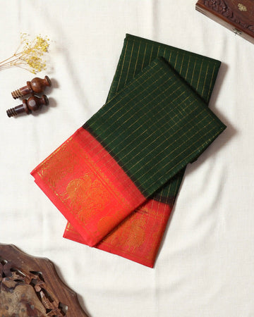 Dark Bottle Green Checked Sungudi Cotton Saree with Coral Red Contrast and Antique Gold Zari Woven Peacock Floral Border