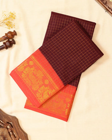 Deep Maroon Checked Sungudi Cotton Saree with Coral Orange Contrast and Gold Zari Woven Peacock Floral Border