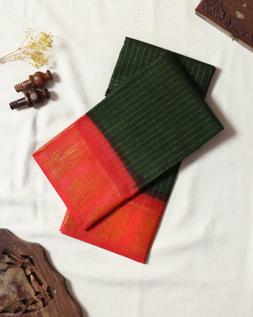 Dark Bottle Green Sungudi Cotton Saree with Coral Red Contrast and Antique Gold Zari Woven Paisley Border