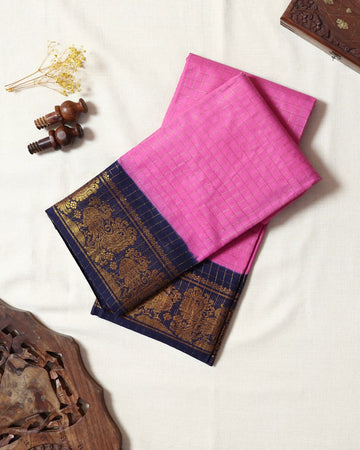 Light Pink Checked Sungudi Cotton Saree with Navy Blue Contrast and Antique Gold Zari Woven Peacock Floral Border