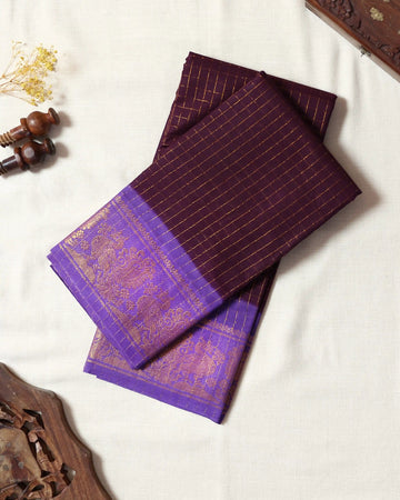 Deep Wine Maroon Sungudi Cotton Saree with Lavender Purple Contrast and Antique Gold Zari Woven Peacock Floral Border