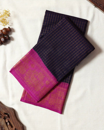 Navy Blue Checked Sungudi Cotton Saree with Rani Pink Contrast and Gold Zari Woven Peacock Floral Border