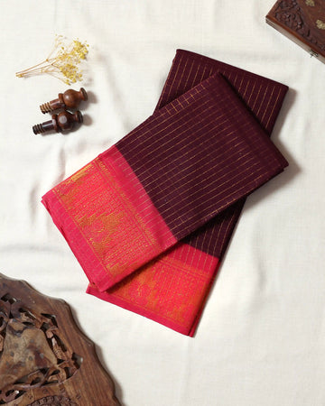Deep Wine Maroon Sungudi Cotton Saree with Coral Red Contrast and Antique Gold Zari Woven Geometric Floral Border