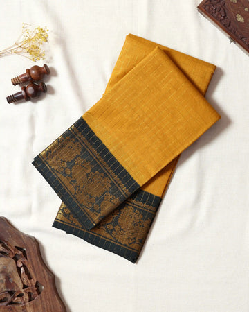 Mustard Yellow Checked Sungudi Cotton Saree with Dark Green Contrast and Antique Gold Zari Woven Peacock Floral Border