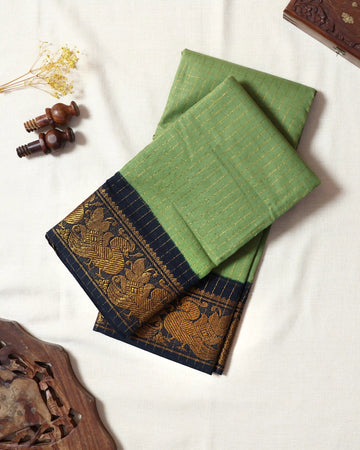 Sage Green Checked Sungudi Cotton Saree with Navy Blue Contrast and Antique Gold Zari Woven Floral Border