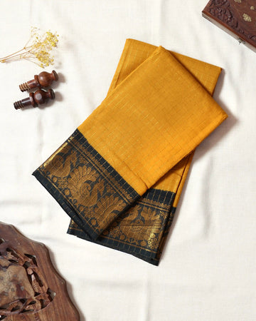 Mustard Yellow Checked Sungudi Cotton Saree with Navy Blue Contrast and Antique Gold Zari Woven Peacock Floral Border