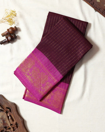 Deep Wine Maroon Checked Sungudi Cotton Saree with Rani Pink Contrast and Antique Gold Zari Woven Peacock Floral Border
