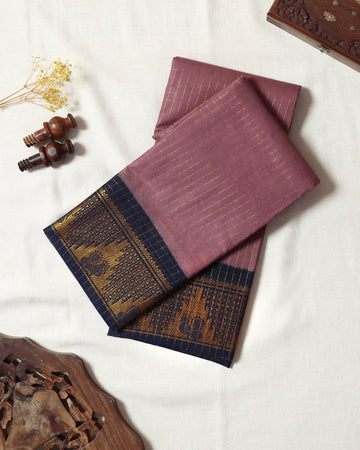 Dusty Mauve Pink Checked Sungudi Cotton Saree with Navy Blue Contrast and Antique Gold Zari Woven Geometric Floral Border