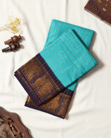 Turquoise Blue Sungudi Cotton Saree with Navy Blue Contrast and Antique Zari Woven Peacock Floral Border