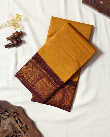 Mustard Yellow Checked Sungudi Cotton Saree with Wine Maroon Contrast and Antique Gold Zari Woven Peacock Floral Border