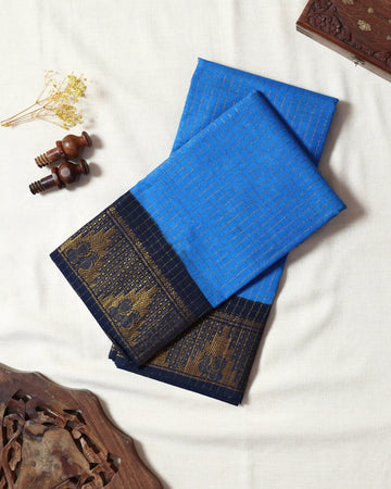 Royal Blue Checked Sungudi Cotton Saree with Navy Blue Contrast and Antique Gold Zari Woven Geometric Floral Border