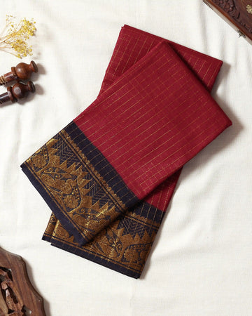 Deep Crimson Red Checked Sungudi Cotton Saree with Navy Blue Contrast and Antique Gold Zari Woven Floral Border