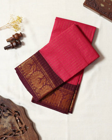 Coral Red Sungudi Cotton Saree with Wine Maroon Contrast and Antique Gold Zari Woven Floral Border