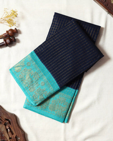 Navy Blue Sungudi Cotton Saree with Turquoise Blue Contrast and Gold Zari Woven Peacock Floral Border
