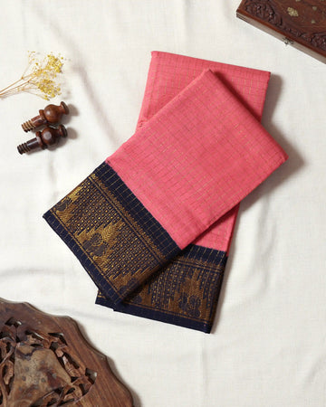 Coral Pink Checked Sungudi Cotton Saree with Navy Blue Contrast and Antique Gold Zari Woven Geometric Floral Border