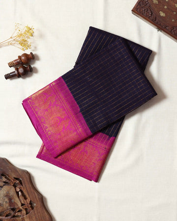 Navy Blue Sungudi Cotton Saree with Rani Pink Contrast and Antique Gold Zari Woven Peacock Floral Border