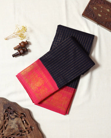 Navy Blue Checked Sungudi Cotton Saree with Rani Pink Contrast and Antique Gold Zari Woven Peacock Floral Border