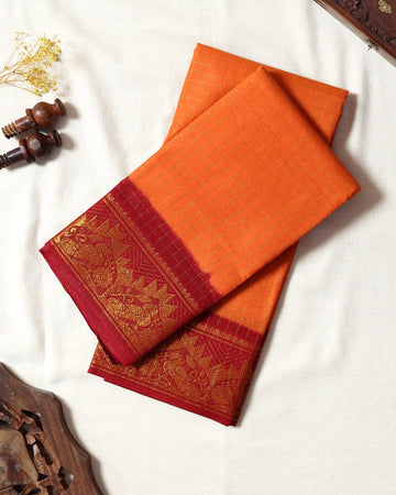 Bright Orange Checked Sungudi Cotton Saree with Crimson Red Contrast and Antique Gold Zari Woven Floral Border