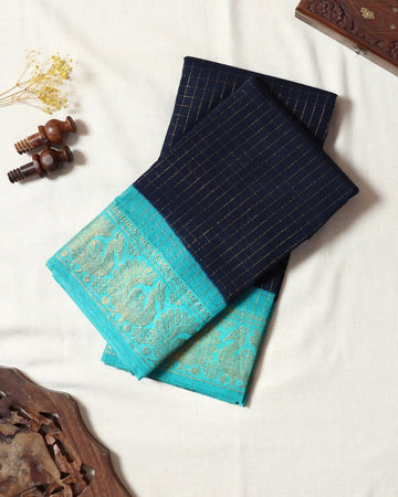 Navy Blue Checked Sungudi Cotton Saree with Turquoise Blue Contrast and Antique Gold Zari Woven Peacock Border