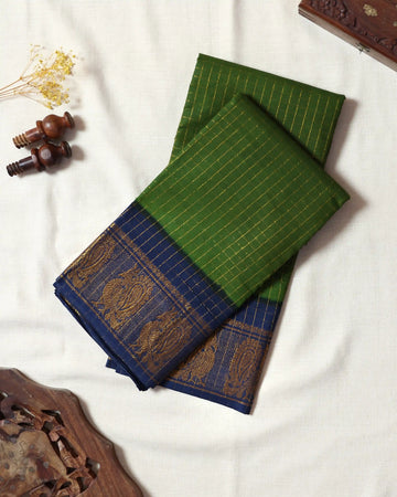 Olive Green Checked Sungudi Cotton Saree with Navy Blue Contrast and Antique Gold Zari Woven Paisley Border