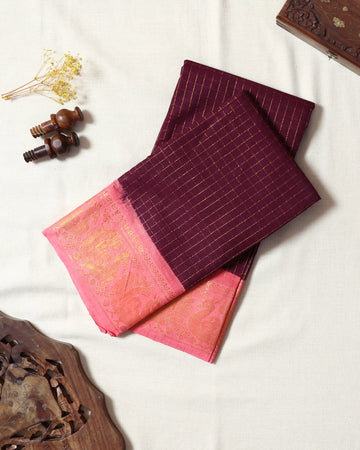 Deep Wine Maroon Checked Sungudi Cotton Saree with Light Pink Contrast and Antique Gold Zari Woven Peacock Border