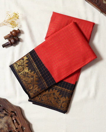 Coral Red Checked Sungudi Cotton Saree with Navy Blue Contrast and Antique Gold Zari Woven Floral Border