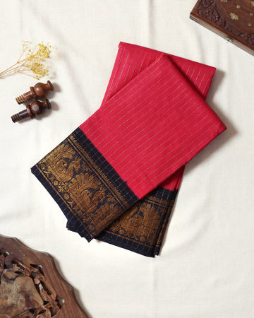 Coral Red Sungudi Cotton Saree with Navy Blue Contrast and Antique Gold Zari Woven Peacock Border