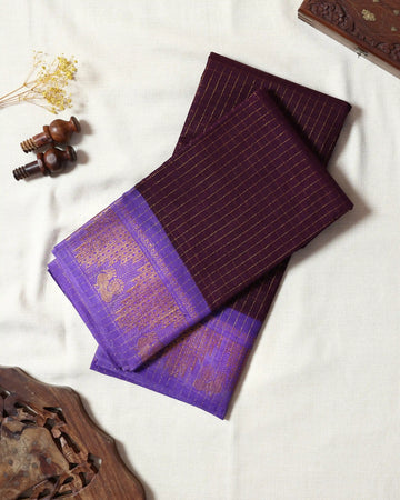 Deep Wine Maroon Checked Sungudi Cotton Saree with Lavender Purple Contrast and Antique Gold Zari Woven Geometric Floral Border
