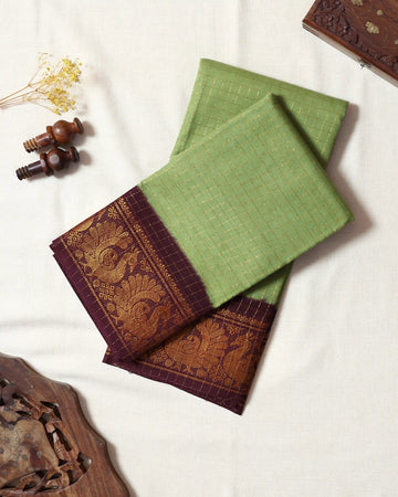 Light Sage Green Checked Sungudi Cotton Saree with Wine Maroon Contrast and Antique Gold Zari Woven Peacock Border