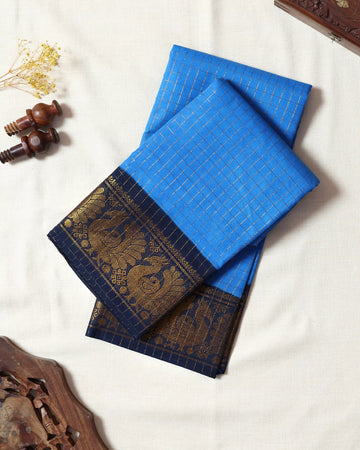 Sky Blue Checked Sungudi Cotton Saree with Navy Blue Contrast and Antique Gold Zari Woven Peacock Border