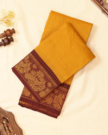 Mustard Yellow Sungudi Cotton Saree with Maroon Contrast and Antique Gold Zari Woven Floral Border